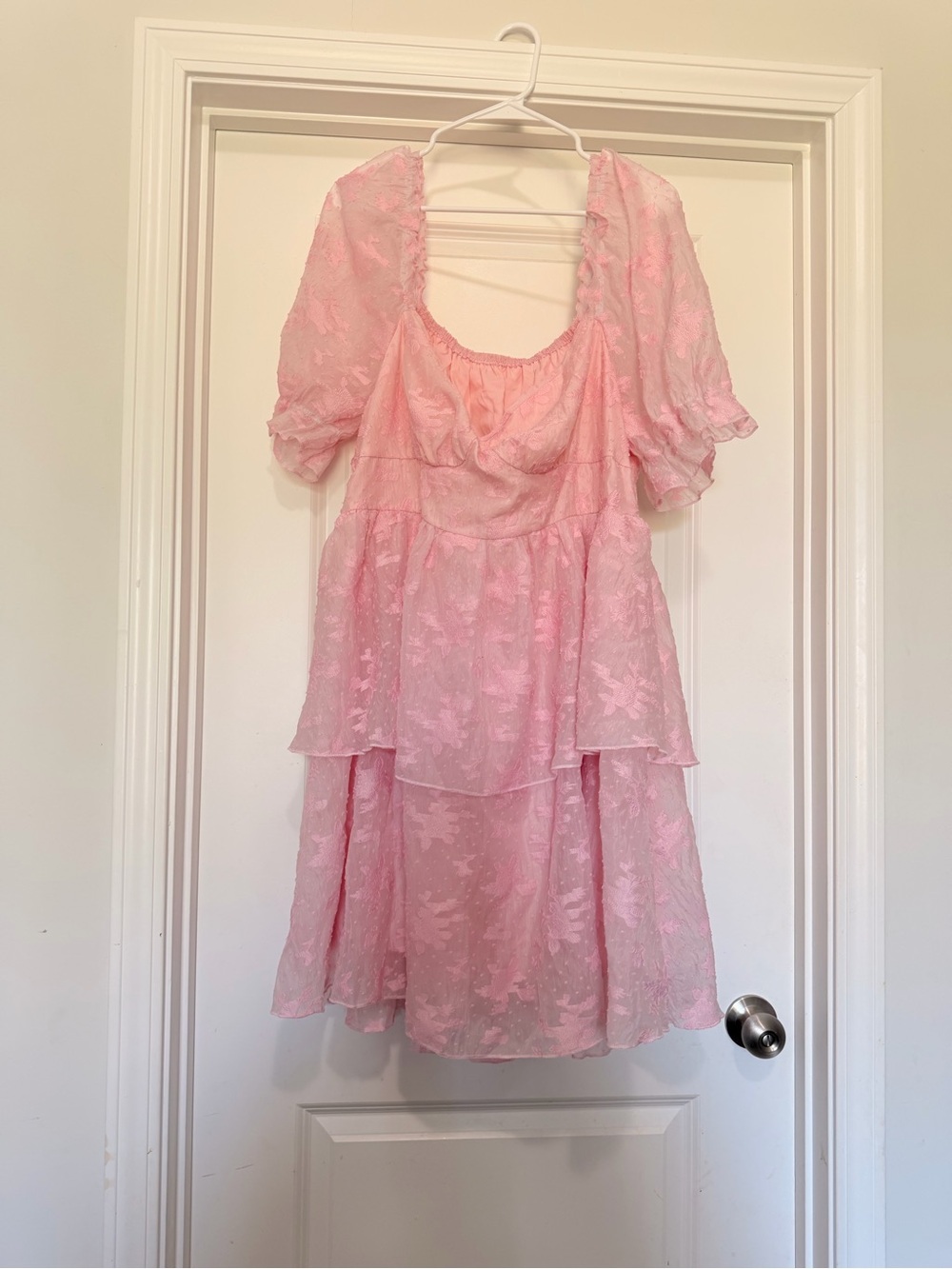 Women’s Pink Puff Sleeve Tiered Dress